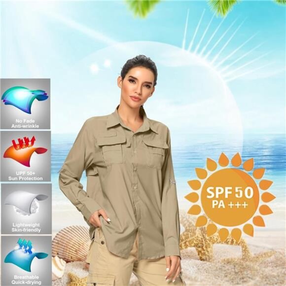 Women's UPF 50+ UV Sun Protection Safari Shirt, Long Sleeve Outdoor Cool Quick - Picture 5 of 7